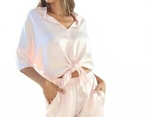 NEW PJ HARLOW satin top with collar in blush